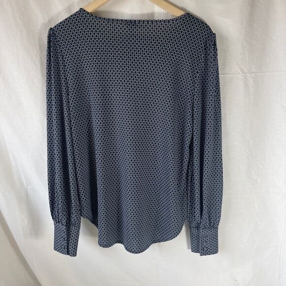 Ann Taylor Navy/White Square Diamond Print Blouse Cuff Sleeves Sz M - Picture 2 of 7